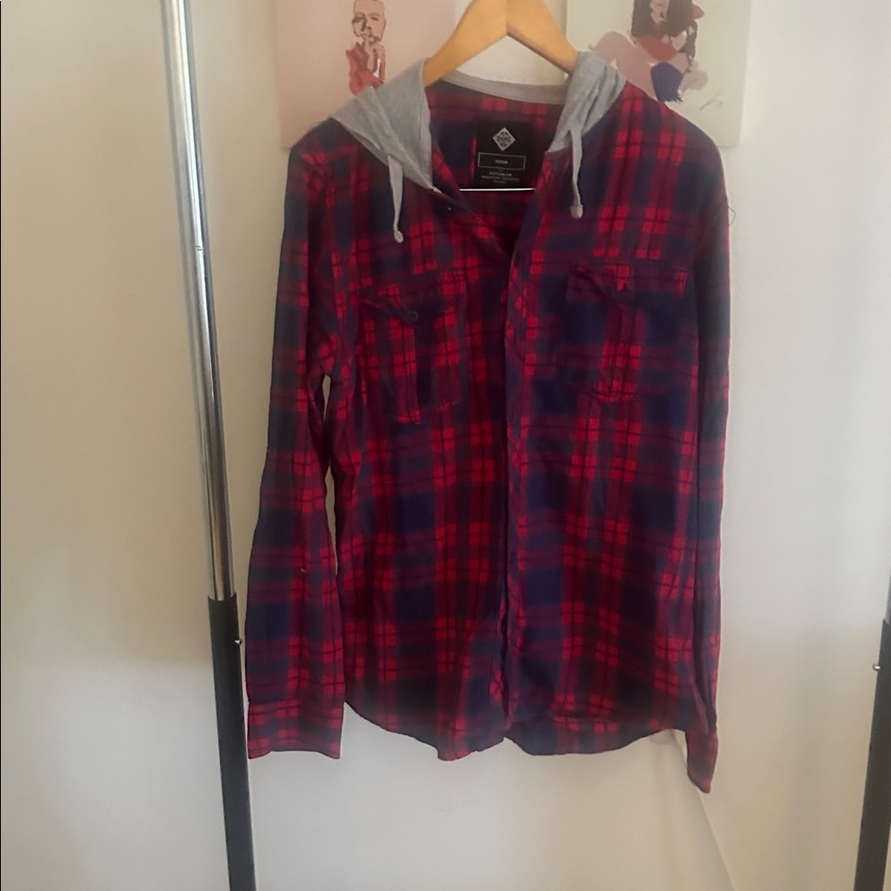 Cotton On Red and Blue Plaid Shirt with Gray Hood